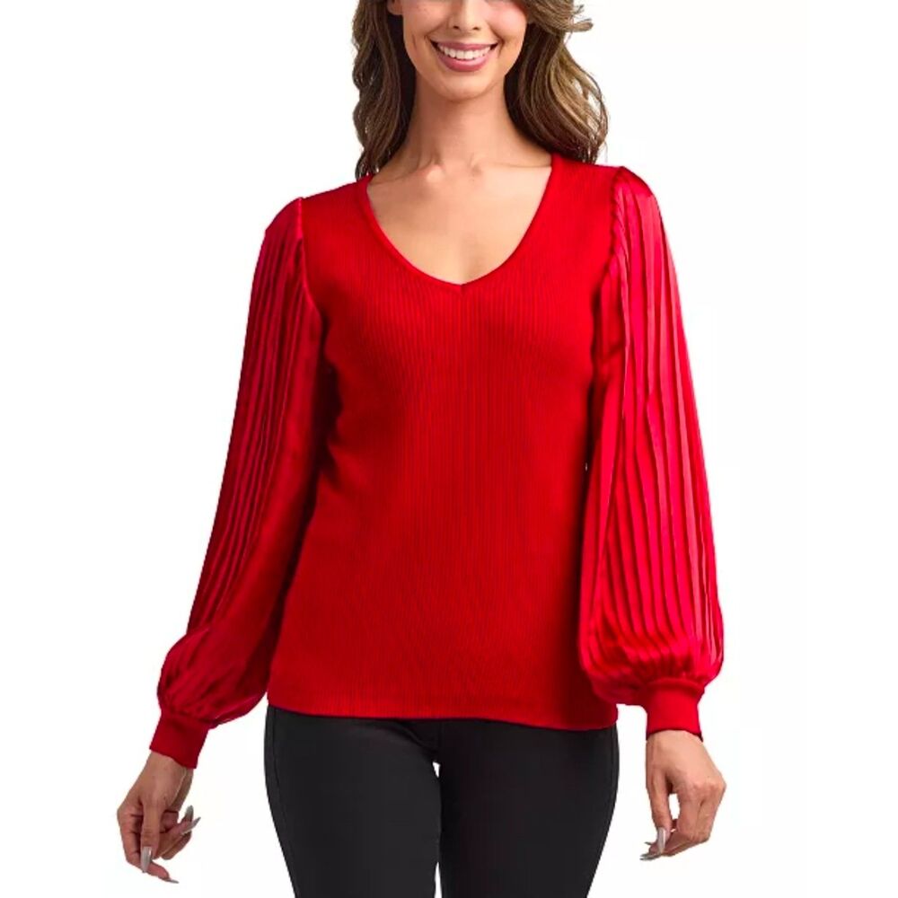 BCX Red V-Neck Pleated Sleeve Pull On Sweater Size M NWT